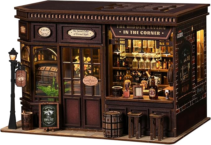 Corner Tavern Book Nook Kits for Adults - DIY Miniature Doll House Kit with LED Lights, 3D Wooden Puzzles, Teens & Beginners, Unique Gift for Book Nooks Lovers, Bookshelf Decor