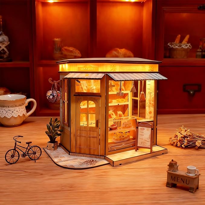 DIY Miniature House - LED Lighting Book Nook Kit Dollhouse Kit for Adults and Teens, Book Nook Tiny House Bookshelf 3D Wooden Puzzle, Gifts for Family Friends (Bakery)