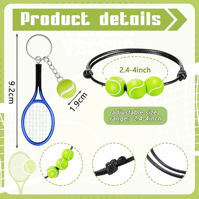 Henoyso 24 Pcs Tennis Gifts Tennis Party Favors 12 Pcs Mini Tennis Racket with Ball Keychain 12 Pcs Sport Theme Beads Charm Braclet Adjustable for Sport Gift Accessories