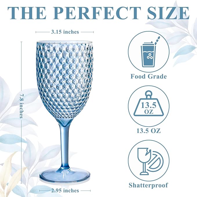 12Pcs Blue Plastic Wine Glasses 13.5oz Reusable Acrylic Wedding Goblets Toasting Glassware Unbreakable Wine Cups with Long Stem Crystal Drinking Glasses Champagne Flutes for Bar Restaurants Party