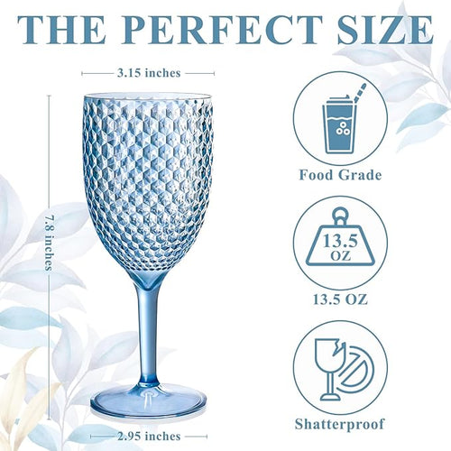 12Pcs Blue Plastic Wine Glasses 13.5oz Reusable Acrylic Wedding Goblets Toasting Glassware Unbreakable Wine Cups with Long Stem Crystal Drinking Glasses Champagne Flutes for Bar Restaurants Party