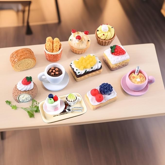 6Pcs Happy Afternoon Tea Miniature Set – Dollhouse Kitchen Accessories, Includes Tray, Coffee Milkshake, Cake,Plate,Spoon, Perfect for Pretend Play, Miniature Food Set for Dollhouses and Play Kitchens