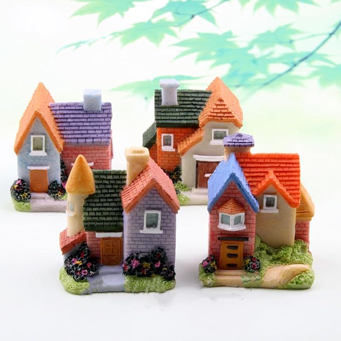 Avtytsda Resin Miniature House 4PCS Miniature House Fairy Gardening Micro Landscape Village Stone House Bonsai Terrarium Crafts Ornaments Accessories Home Decoration (B)