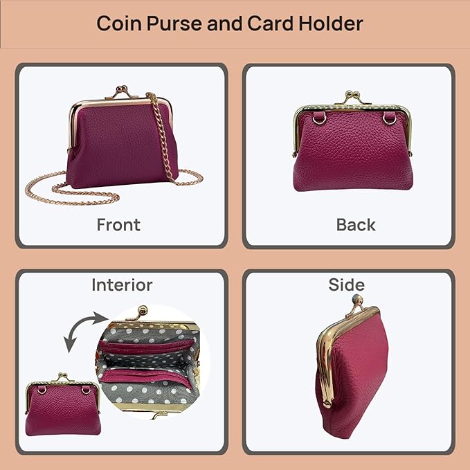 Cute Small Coin Purse & Credit Card Holder for Women Fashion Crossbody Chain Wallet Leather Coin Pouch Change Purse for Cash Key (Magenta)