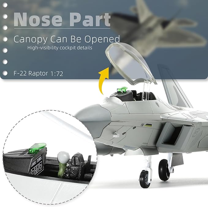 F22 Raptor 1/72 Diecast Metal Aircraft Model Kit USAF Fighter Jet Alloy Airplane Model with Stand for Adult Military Enthusiasts Collections or Creative Gifts (AK 90FS)