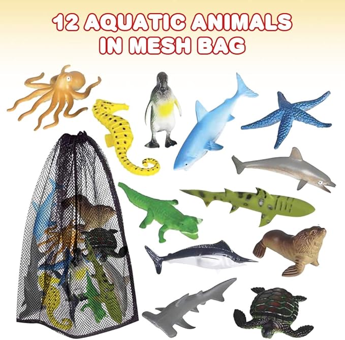 ArtCreativity Aquatic Sea Animal Assortment in Mesh Bag, Pack of 12 Sea Creature Figurines in Assorted Designs, Bath Water Toys for Kids, Ocean Life Party Décor, Party Favors for Boys & Girls