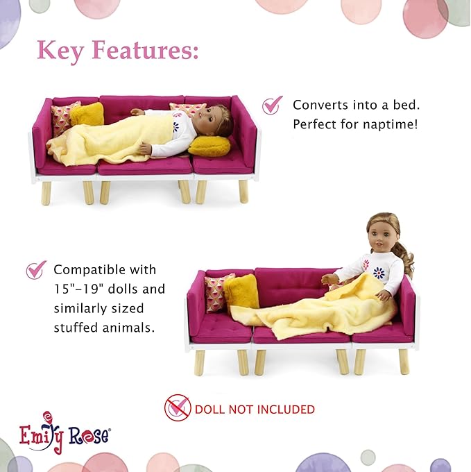 Emily Rose 18 Inch Doll Pink Living Room Furniture Set - Complete Entertainment Center with Reversible Console TV Sectional Couch Daybed - Fits American Girl Our Generation Dolls - 13 Piece Set