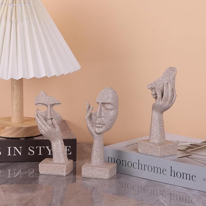 oliruim 3 Pcs Thinker Small Statue Set - Art Resin Abstract Home Accent Figurines for Decor Woman Apartment Bookshelf Floating Shelf Coffee Table Office Desk Counter Decor (3 Pcs Sandstone, 6")