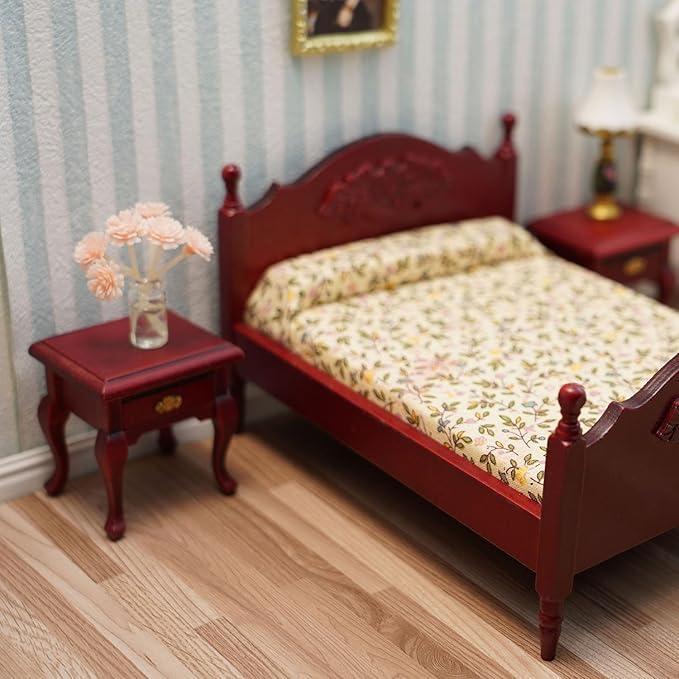 Miniature Furniture 1:12 Bedside Table Dollhouse Accessories Wooden Nightstand Vintage Living Room Bedroom Scene Bedroom Bedsides End TableHouse Model Decoration (Red)