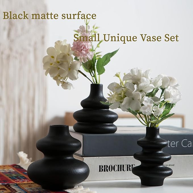 Black Ceramic Bud Vase, Small Vase Set of 5, Mini Vases in Bulk for Flower, Decorative Vase for Home Decor, Boho Vases for Wedding Decorations Living Room Dining Table Shelves Decor
