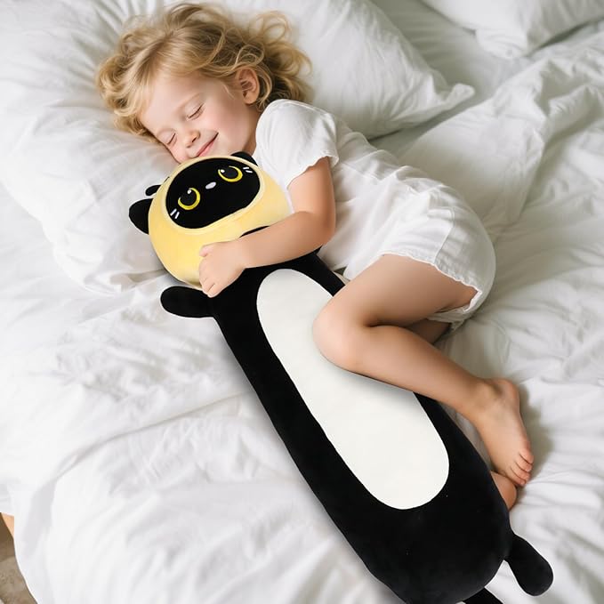 22 inch Bee Black Cat Long Plush Body Pillow Toy, Kitten Plushies with Stuffy Honeybee Oufit Big Stuffed Animals Gfit for Kids Boys Girls, Birthday, Halloween, Christmas