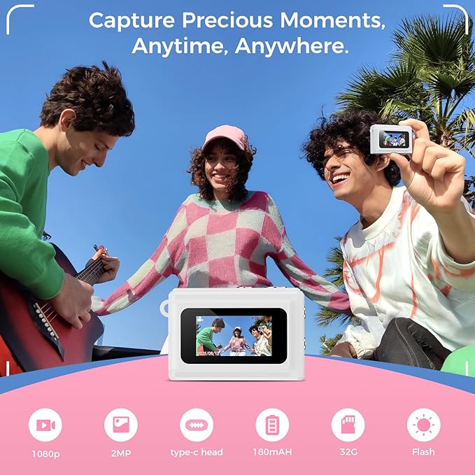 HOTU Mini Keychain Camera, Y2K Portable Mini Digital Camera, 2MP 1080P Video Recording Small Camera with 32GB Card for Kids, Long Battery Life for Travel, Vlog, White