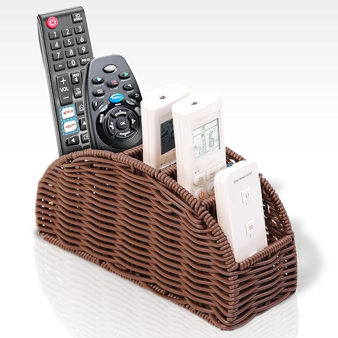 5-Compartment Remote Control Holder – Synthetic Rattan Organizer for TV Remotes, Makeup Brushes, Office Supplies, Stylish Wicker Desk Caddy for Living Room, Bedroom, Office, Patent Pending (Brown)