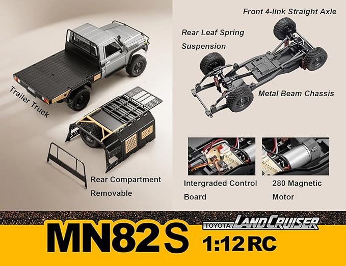 RC Rock Crawler RC Truck 4x4 1/12 Scale Remote Control Crawler MN82S Toyota Land Cruiser Off Road Vehicle All Terrain Proportional Throttle Steering 280 Motor Upgraded Chassis Adult