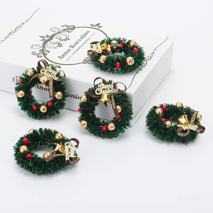 10 Pieces Mini Artificial Christmas Wreaths Ornaments, Dollhouse Miniature Christmas Wreath Doll House Mini Xmas Wreath for Dollhouse Door Windows Christmas Tree Decoration (Gold Bell)