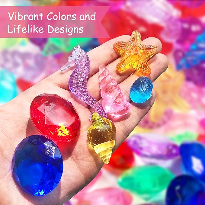 cntjv 60+ Pcs Diving Gems Pool Toys Includes 15 Pcs 1.57in Large Colorful Acrylic Plastic Diamond and 45+ Pcs Fake Seashells for Kids Pirate Treasure Mermaid Hunt Games Swimming Party Favors