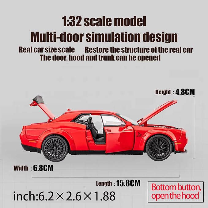 Toy Car Model Challenger Hellcat Alloy Model Collectible Car with Light and Sound,Pull Back Toy Vehicles for Boys Children Age 3 + Year Old(Red)