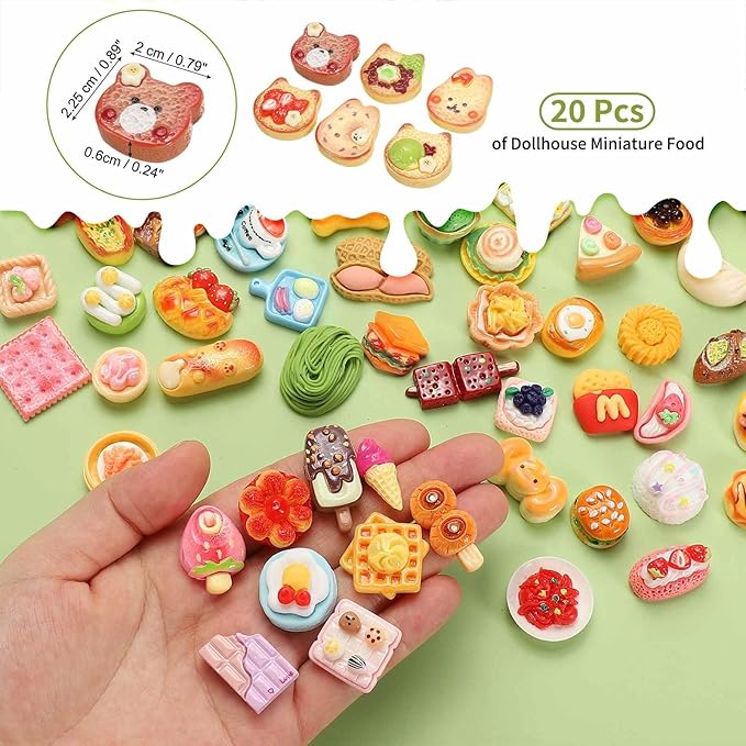 Dollhouse Miniature Food, Cute Mixed Animal Toast Figures Toys Mini Resin Foods Trinkets for Pretend Play Kitchen Cooking Game & Doll House Decor (Mixing Colors, 20pcs)