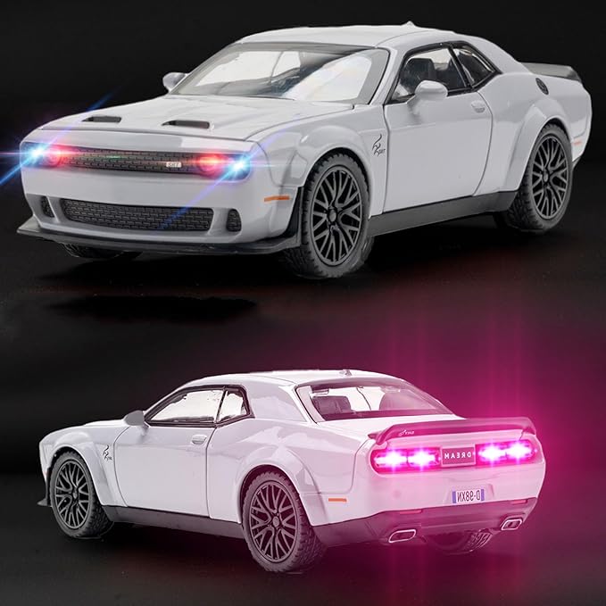 Toy Cars 1/32 Dodge Challenger Die Cast Metal Toy Cars Hellcat Toy Car with Sound and Light Pull Back Hellcat Car for 3+ Year Old Boys and Kids
