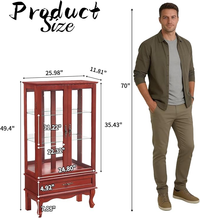 49" H Lighted Curio Display Cabinet with 2 Glass Doors & 1 Drawer, Wooden Curio Showcase w/Adjustable Shelves & Mirrored Back Panel, Wine Storage Cabinet Display Case for Living Room (Cherry)