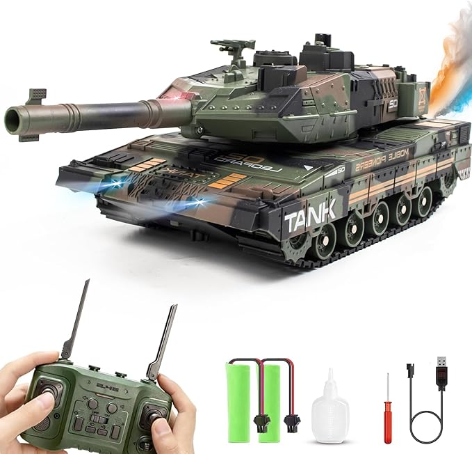 RC Tank - 2.4Ghz Remote Control Army Tank Toys with Auto Demo Sound Light Smoke - 13 Channel Military Vehicles Model Gift for Kids Adults Boys Age 6-8 9-12, Army Green