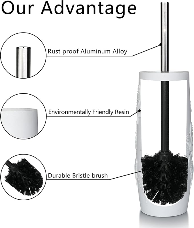 Indecor Home White Butterfly with Rhinestone Design Resin Toilet Holder and Brush Set, Elegant Bathroom Cleaning Tool with Durable Bristles, Compact and Stylish