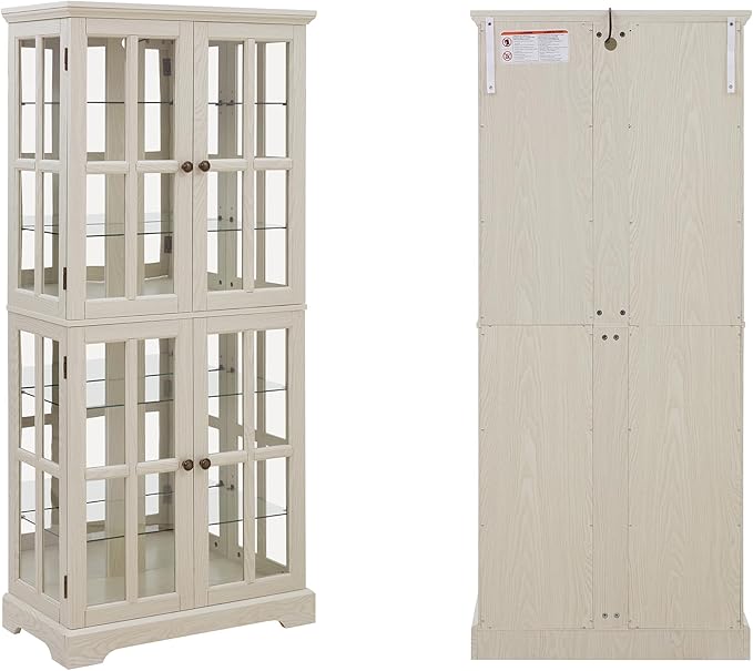 68" H Glass Curio Display Cabinet with Light, 6-Tier Wooden Storage Showcase w/ 4 Glass Doors & Adjustable Shelves, Vintage Accent Cabinet w/Mirrored Back Pane for Home & Office (White)