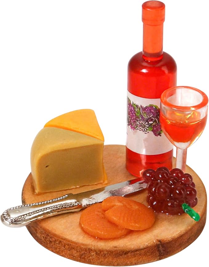 1:24 Mini Wine Decor Scale Dollhouse Miniatures – Miniature Wine Cheese and Board Platter Accessory with Tiny Bread Pastries and Bottle – DIY Micro Food Model for Kitchen Dining Room Scene Decor