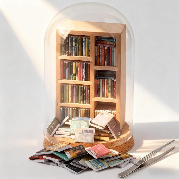 Anxiety Bookshelf, Miniature Bookcase, Mini Bookshelves for Anxiety, Miniature Library, with 200+Tiny Books, Small Bookshelf Creative Ornaments, Stress-Relieving Gifts