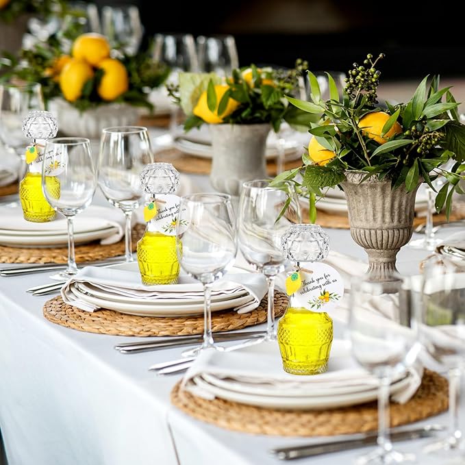 Chuangdi 16 Sets Mini Limoncello Glass Bottles Limoncello Bottles with Labels 1.7 oz Lemon Pendants Lemon Party Favors for Homemade Brewing Wedding Baby Shower Gifts(Fresh)
