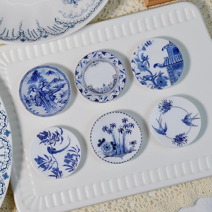 6PCS Handcrafted Miniature Ceramic Plates in 1:12 or 1:6 Scale, Vintage Porcelain Playhouse Dishes (Blue-White C, 4CM)