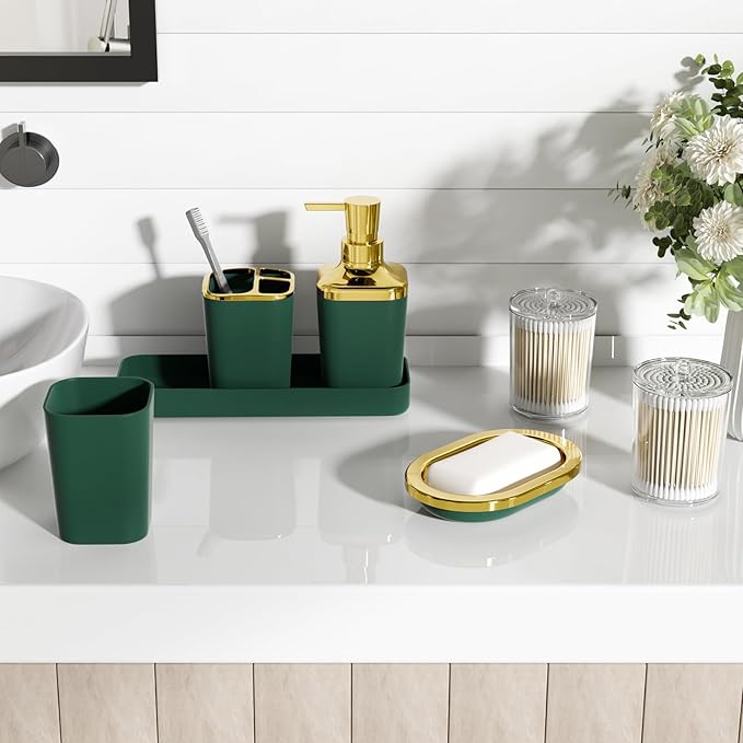 XLHOMO Dark Green Bathroom Accessories Set, Green and Gold Bathroom Accessories with Trash Can, Soap Dispenser, Soap Dish, Toothbrush Holder and Q-tip Holders
