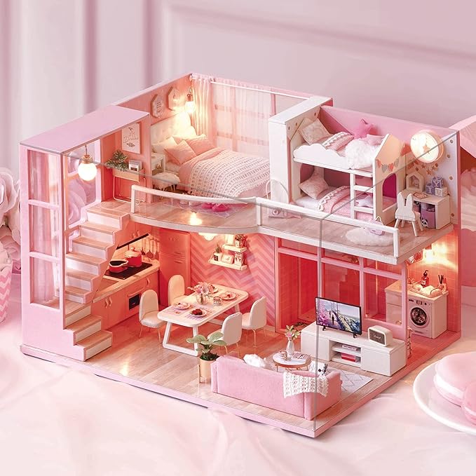 TuKIIE DIY Miniature Dollhouse Kit with Furniture, 1:24 Scale Creative Room Mini Wooden Christmas Doll House Accessories Plus Dust Proof & Music Movement for Kids Teens Adults(Dream Angels)