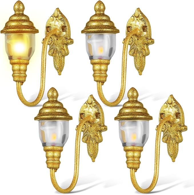 DOITOOOL 4 Pcs Dollhouse Wall Lights, Mini Vintage Doll House Lights Dollhouse Wall Sconces 1:87 Scale Miniature Lamps Models for DIY Micro Landscape Sand Table Ornaments, Golden