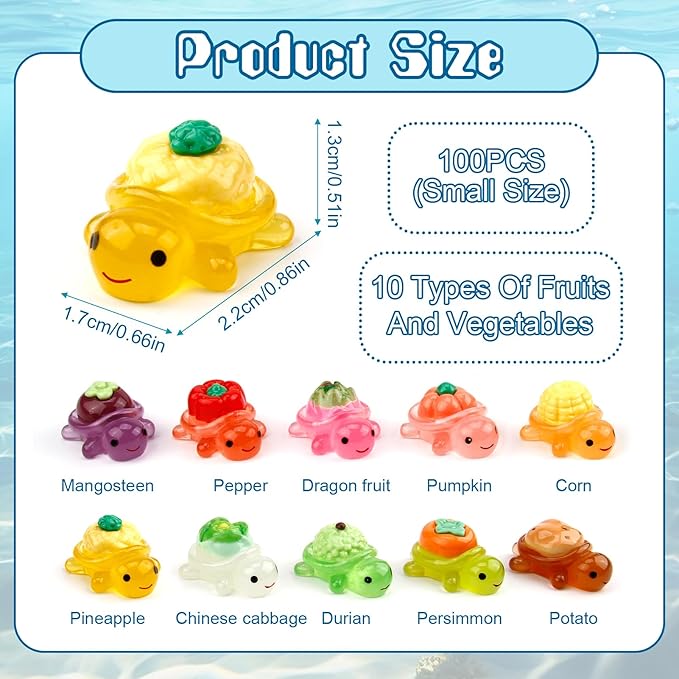 Mini Resin Turtle Figurines, Glow in The Dark Whimsical Fruit Vegetable Turtle Figures, Mini Plastic Sea Animals for Hide and Seek (100 Pcs Small)