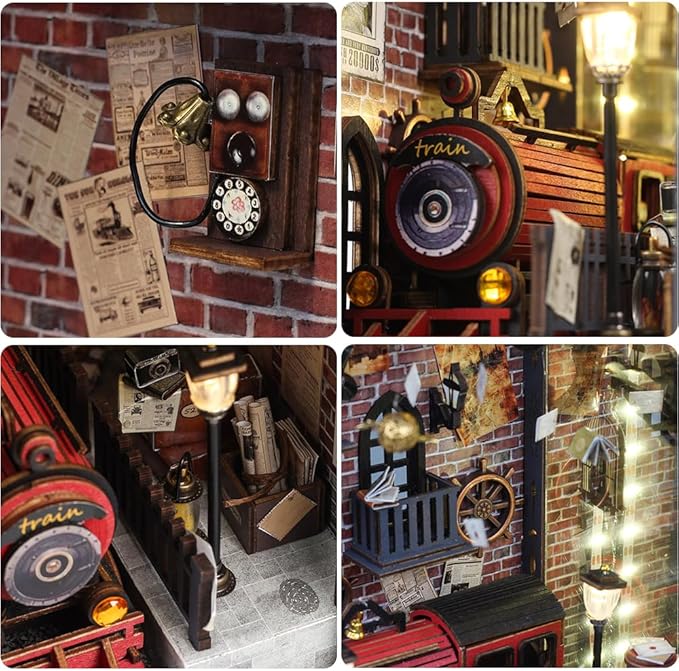 DIY Book Nook Kit, Miniature Dollhouse Booknook Kit with Light, Bookend Bookshelf Decor for Christmas Day, Best Gift for Family, Friends, Magic Train Station