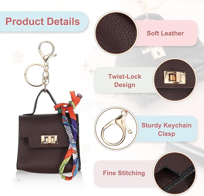 PATIKIL Mini Backpack Keychain, Cute Coin Purse Keychain PU Leather Backpack Purse Key Chain Little Earbud Bag Keychains for Women Mini Card Data Cable Organizer, Brown