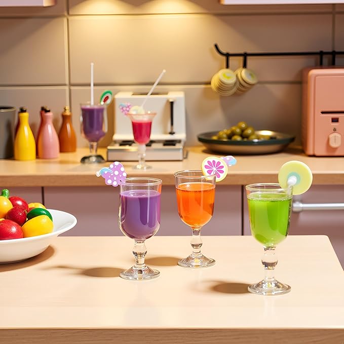 4 Pcs Miniature Dollhouse Juice and Wine Bottle Set – Resin Cocktail Cups, Simulated Drink Models for Dollhouse Kitchen Decor, Mini Props for DIY Craft Display, Decorations (1.37 x 0.39 Inch)