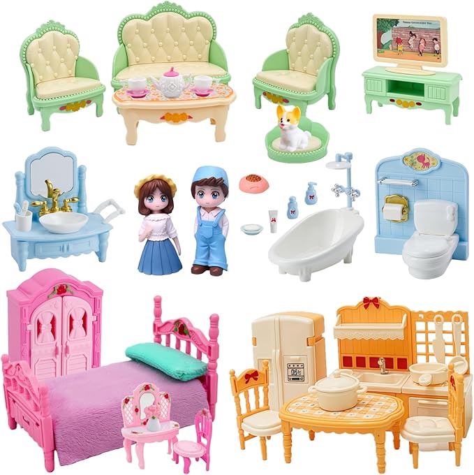 Princess Dollhouse Furniture Set, 48 Piece Luxury Miniature Accessories Collection with Living Room, Bathroom, Bedroom，Kitchen, TV Entertainment Set (Multi-Color)