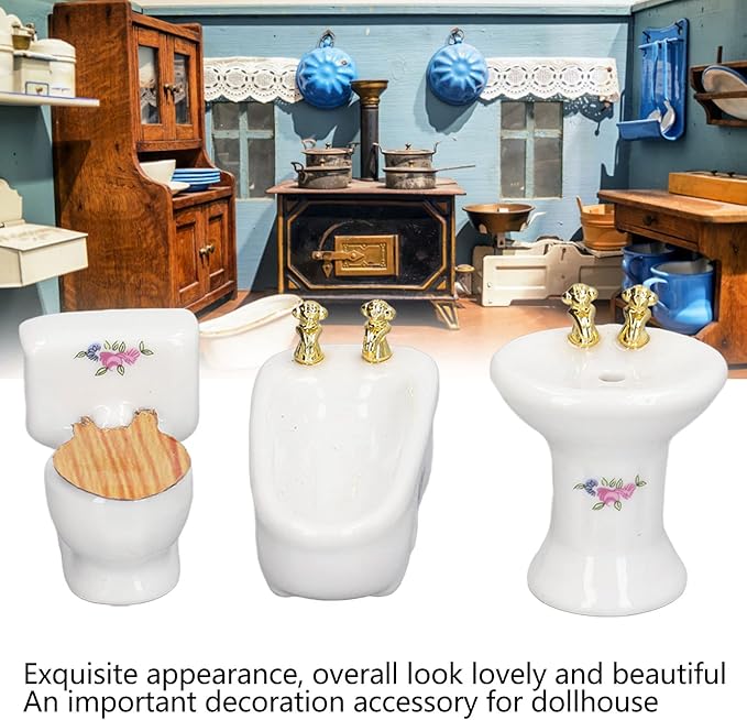 1:24 Dollhouse Miniature Bathroom Set, Ceramic Simulation Bathtub Toilet Sink, Miniature Furniture, Mini Ceramic Bathroom Furniture Set for Dollhouse Restroom Decoration (Flower Pattern)