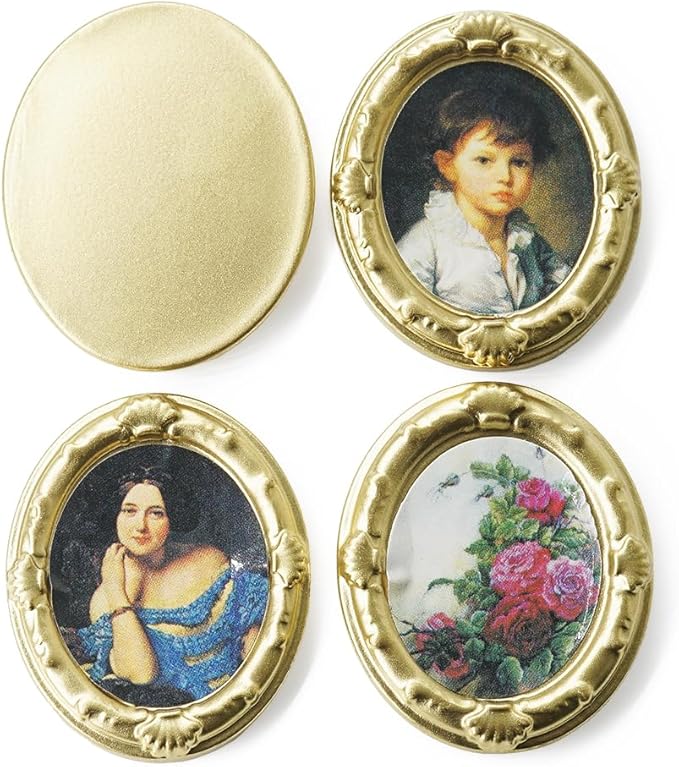 Odoria Dollhouse Wall Art Miniature: 1/12 Scale Framed Picture Oval for Victorian Vintage Living Room - Mini Painting Golden Antique for Gallery - Tiny Portrait Flower Artwork Paper 4Pcs