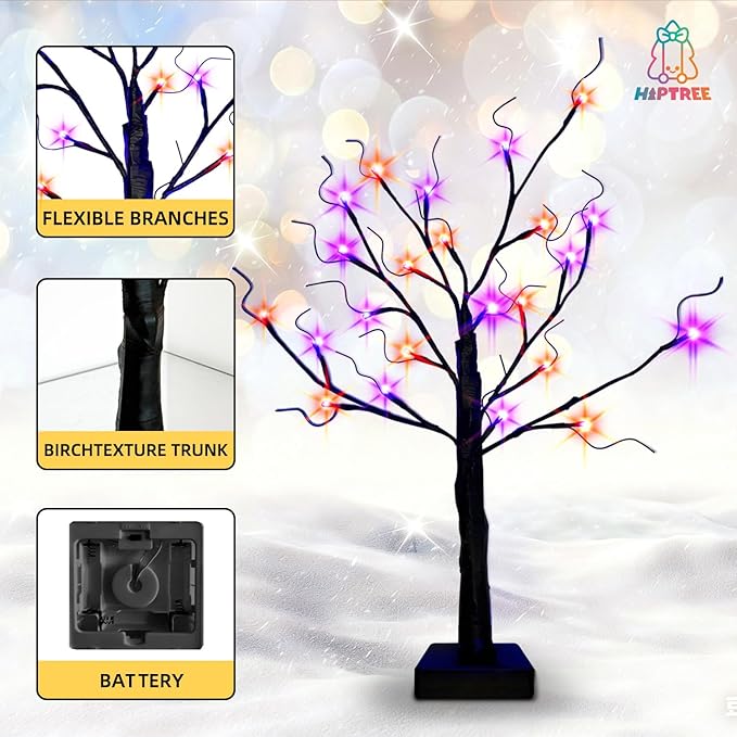HipTree 2-Pack Lighted Halloween Christmas Fall Tree Decorations Indoor, 2ft Black Birch Tree with LED Lights, Small Tabletop Christmas tree with lights, Warm White Battery- Powered Fairy Light Spirit
