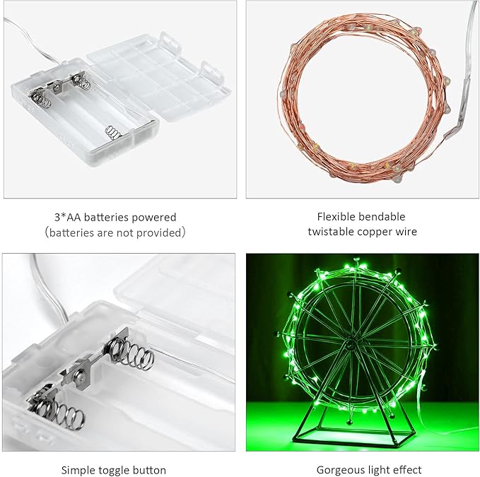 Ariceleo Mini St. Patrick's Day Fairy Lights Battery Operate, 2 Pack Copper Wire 3*AAA Battery Powered Led Starry Fairy String Lights for Bedroom, Christmas, Party, Wedding, Decoration(5m/16ft Green)