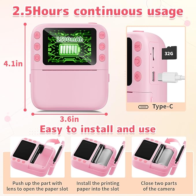 Instant Print Camera for Kids, Christmas Birthday Gifts for Girls Boys, 1080P Instant Digital Print Cameras for Toddler,Portable Toy for 4 5 6 7 8 9 10 Year Old Girl with 32GB SD Card，Pink