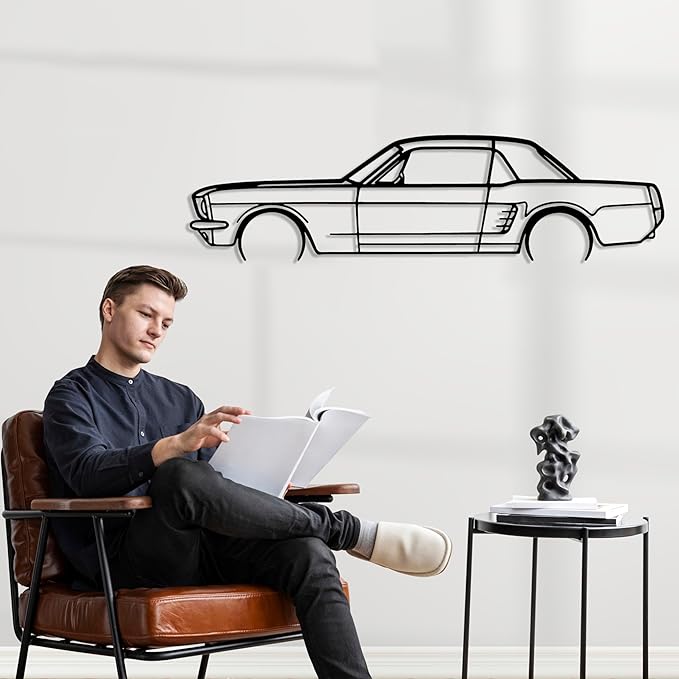 DecoSoul Mustang Metal Car Wall Art, Sports Car, Automotive Silhouette Line Decoration, Minimalist Sculpture for Garage, Indoor Outdoor Wall Hanging, Gift for Boyfriend (Black - 30 x 8.2” inch)