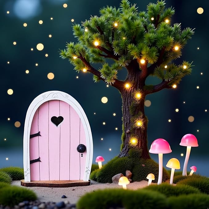 2Pcs Pink Streak Mini Fairy Garden Door for Tree, 3D Miniature Fairy Door for Fairytale Tiny House Doors, Bonsai Terrarium Micro Landscape Decoration Accessories Garden Miniatures, Decorations