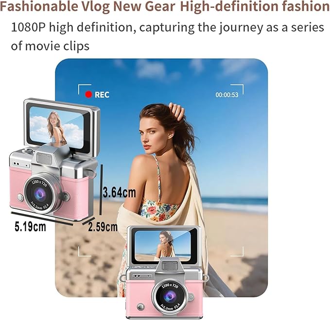 2026 New Mini Digital Camera with 1.47 in Flip LCD Screen, 1080p Retro Mini Ccd Camera for Selfie, Keychain Digital Camera with 128GB Card, Pocket-Sized Gadget for Travel, Birthdays
