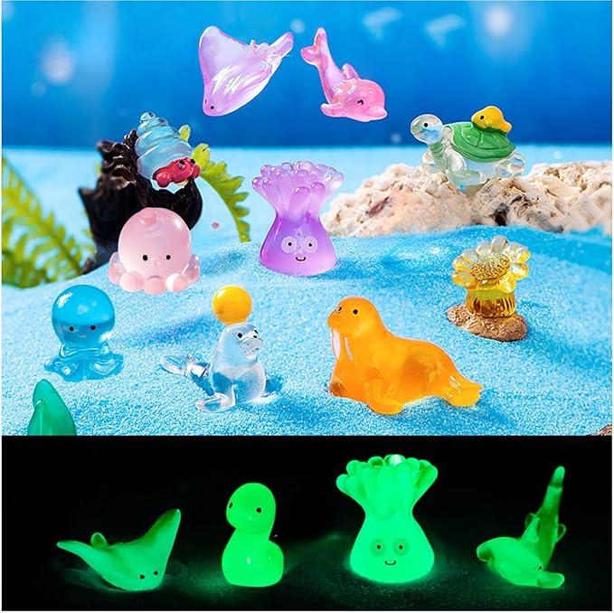 40 Pcs Luminous Mini Resin Ocean Animals Turtle Axolotl Manta Ray for Aquarium Decor Fish Tank Garden Miniatures High-Gloss Resin Crafts Birthday Cake Topper