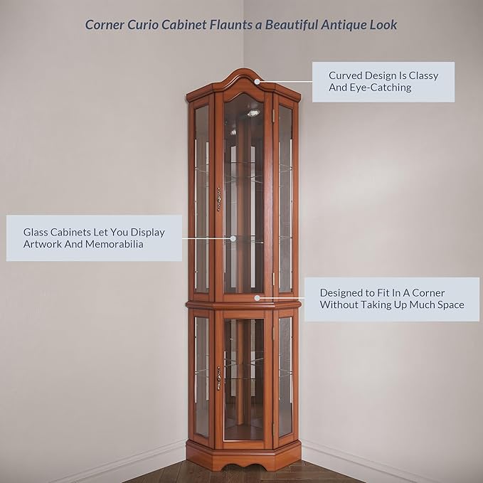 BELLEZE Lighted 3-Side Glass Display Curio Cabinet w/Tempered Glass Doors and Shelves, Curved Wood Corner Cabinet with Bulb, Corner Storage Rack for Living Room and Kitchen (Oak)