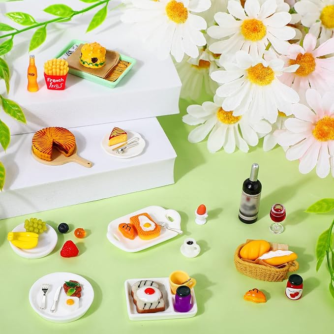 38 Pcs Miniature Food Toy Miniature Doll House Accessories Miniatures Play Sets Small Doll Food Dollhouse Foods, Hamburger Fries Soda Milk Juice Fast Foods Set for Pretend Kitchen(Novel Style)